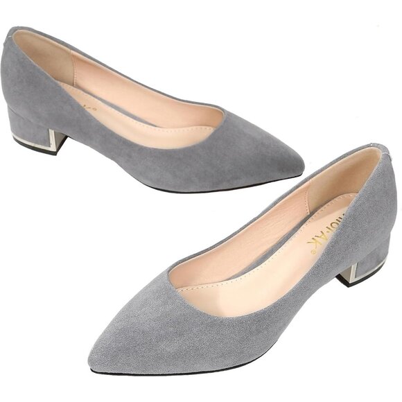 Women's Grey Suede Low Heels Stacked Block Heeled Causal Flats Pumps Shoes - Picture 3 of 7